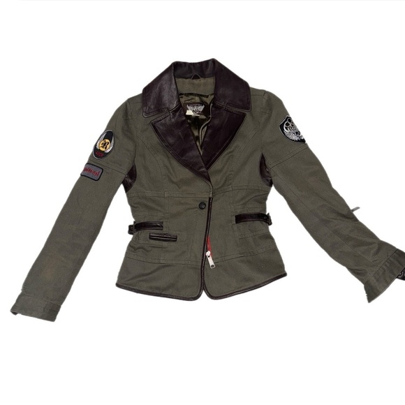 Rock & Republic Olive Military Biker Jacket w/ Leather Collar & Patches